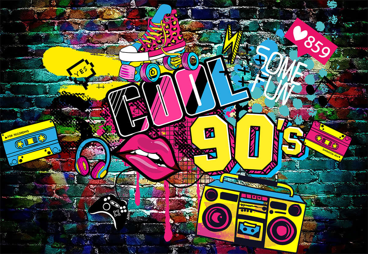 90s Theme 桌布 壁紙 — 充滿活力的90年代塗鴉藝術，磚牆上繪有手提音箱卡式錄音帶、溜冰鞋和嘴唇，採用大膽的霓虹色彩。