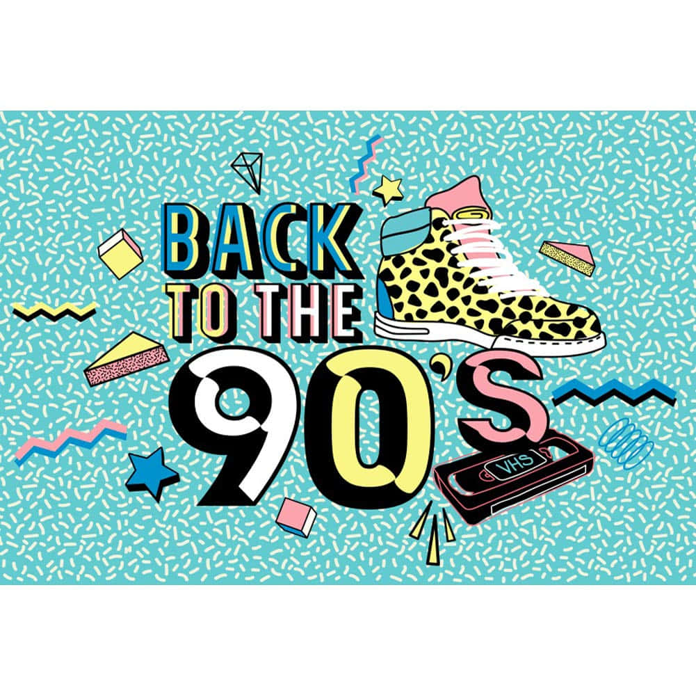 90s Theme 桌布 壁紙 — 充滿活力的90年代復古圖案，豹紋運動鞋VHS錄影帶和幾何形狀在斑點青綠色背景上。