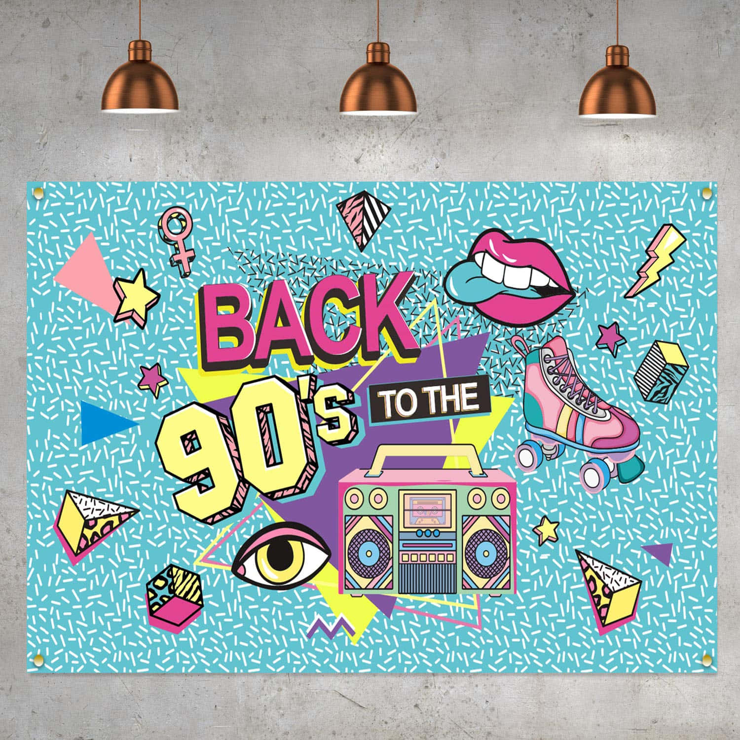 90s Theme 桌布 壁紙 — 充滿活力的90年代復古海報，帶有手提音箱、溜冰鞋、嘴唇和幾何圖案，背景為青綠色。