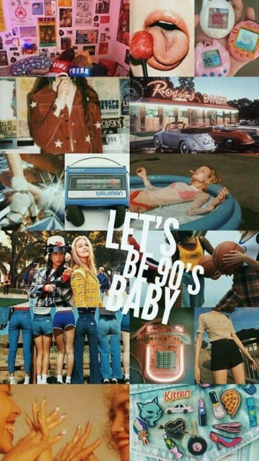 90's Vintage Retro Aesthetic 桌布 壁紙 — 充滿活力的90年代懷舊拼貼畫， featuring 復古物品如他媽哥池、卡式錄音機和復古汽車。