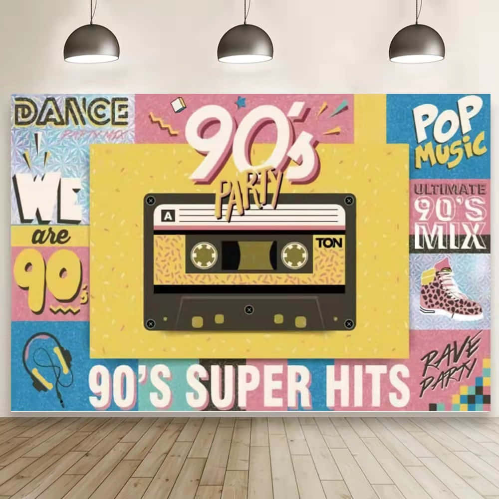 90s Theme 桌布 壁紙 — 充滿活力的90年代派對壁紙，以卡式錄音帶為中心，周圍環繞著流行音樂圖標和粗體復古文字。
