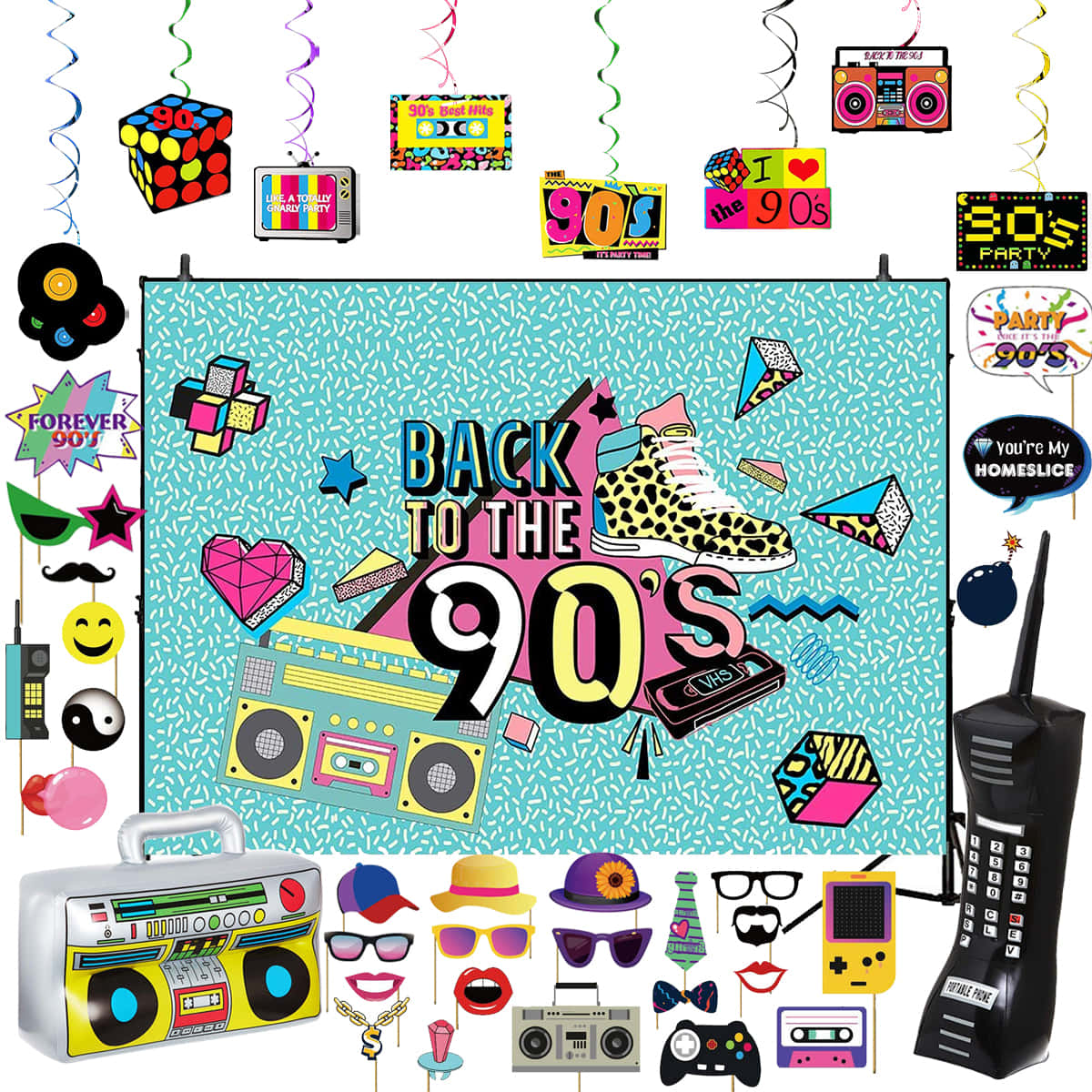 90s Theme 桌布 壁紙 — 充滿活力的90年代派對背景，帶有手提音箱、卡式錄音帶和霓虹配件，襯托斑駁的青綠色背景。