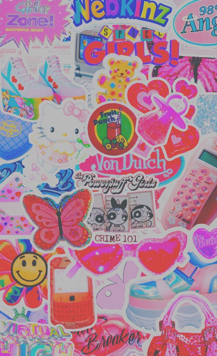 Y2K 桌布 壁紙 — 充滿活力的90年代流行文化貼紙拼貼， featuring Hello Kitty、飛天小女警和霓虹粉紅閃粉設計。