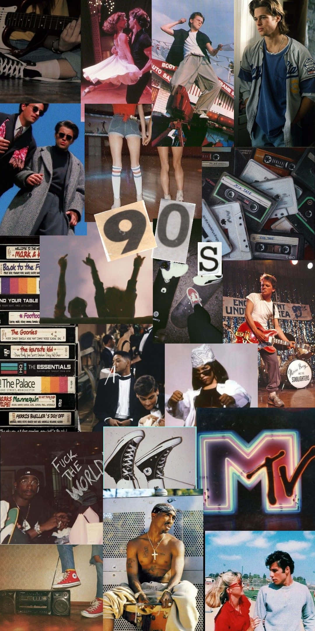 90年代 桌布 壁紙 — 充滿活力的90年代音樂拼貼， featuring 標誌性藝術家、卡式錄音帶、MTV標誌和復古時尚。