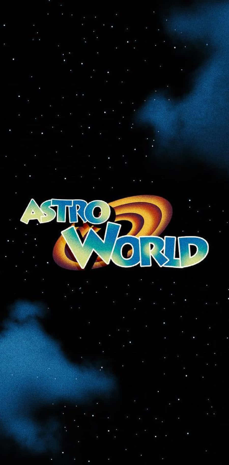 怪物奇兵 桌布 壁紙 — 充滿活力的Astro World復古標誌在繁星點點的夜空和旋轉的藍色雲朵中漂浮。