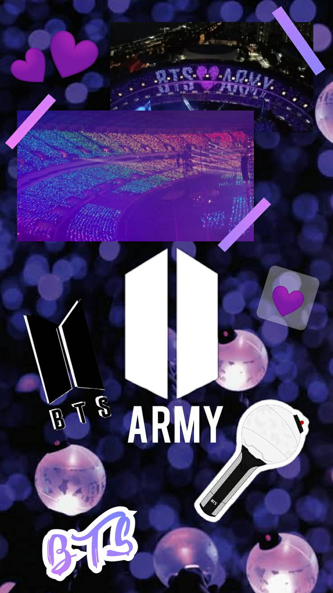 BTS演唱會粉絲桌布，帶有紫色燈光、愛心和ARMY標誌。 — BTS ARMY GIF 壁紙