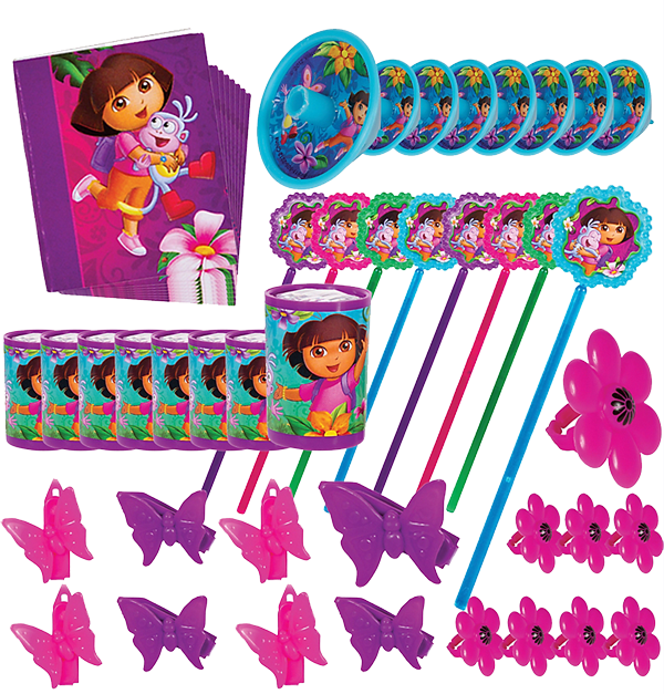 愛探險的朵拉 桌布 壁紙 — 充滿活力的Dora the Explorer主題派對用品，包括紫色、粉紅色和藍色的杯子、盤子和裝飾品。