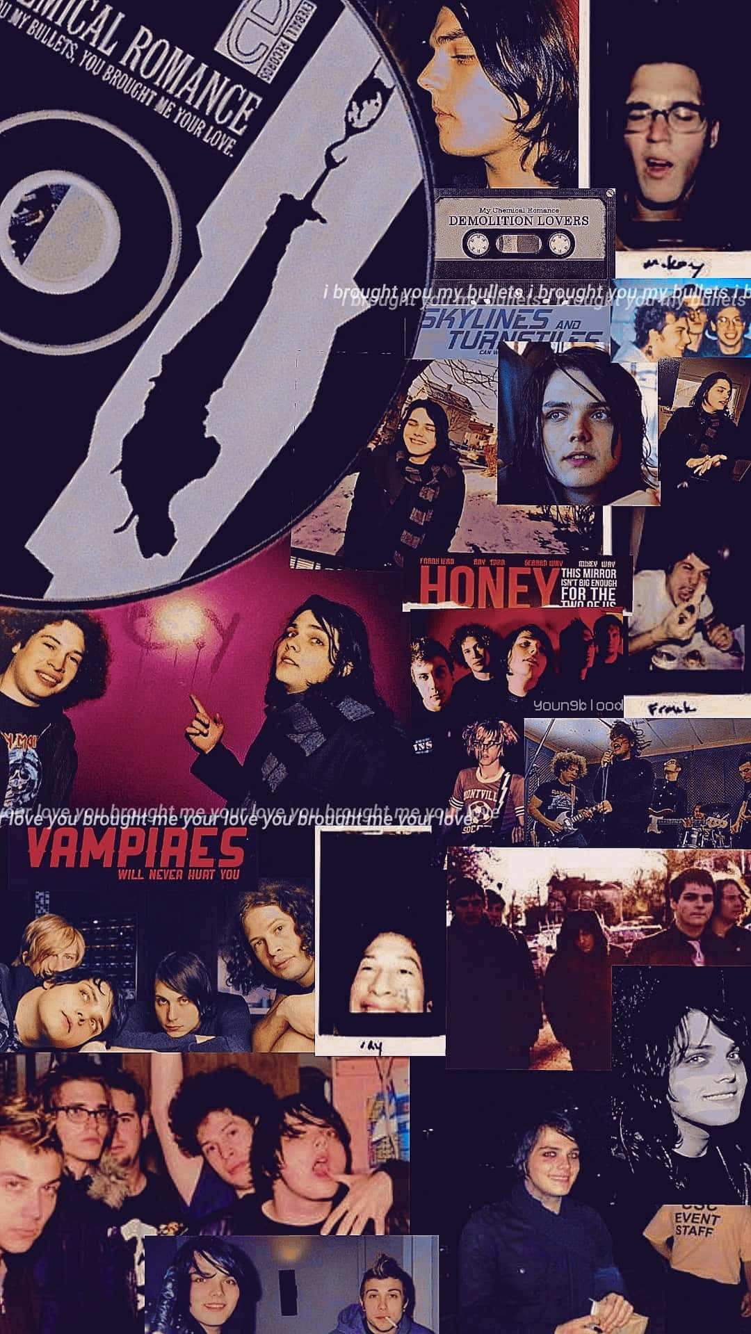 my chemical romance 桌布 壁紙 — 充滿活力的emo樂團照片和專輯藝術拼貼，具有強烈的表情和大膽的字體設計。