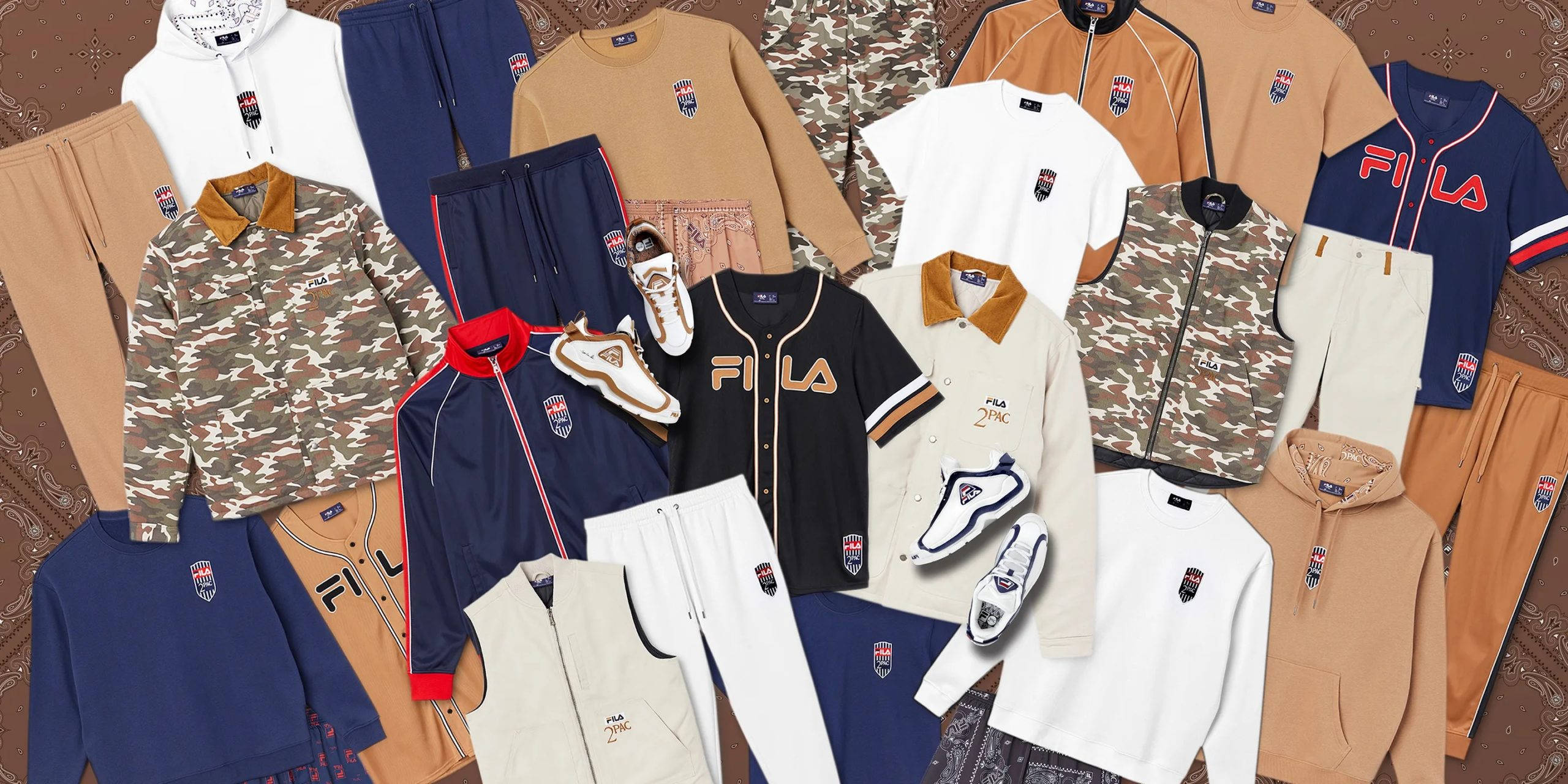 Fila 桌布 壁紙 — 充滿活力的Fila運動服飾平鋪圖，包括迷彩、米色、海軍藍和白色的外套、褲子、連帽衫和運動鞋。