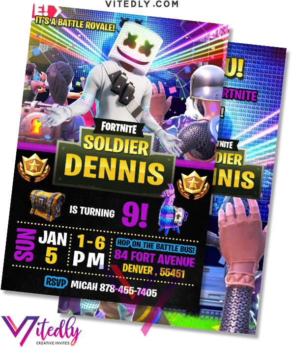 Marshmello 動態圖 桌布 壁紙 — 充滿活力的Fortnite主題生日派對邀請函，角色在霓虹燈照亮的戰鬥皇家場景中帶有發光效果。