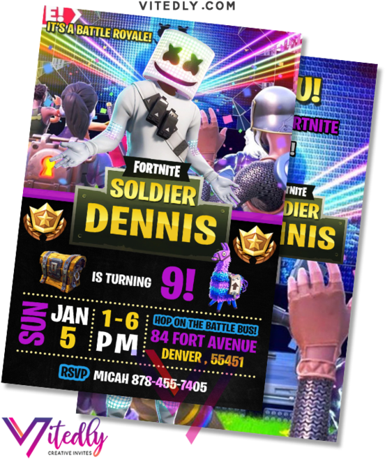 Marshmello 動態圖 桌布 壁紙 — 充滿活力的Fortnite主題生日邀請函， featuring 角色在霓虹燈照亮的 battle royale 場景中，附有派對詳情。