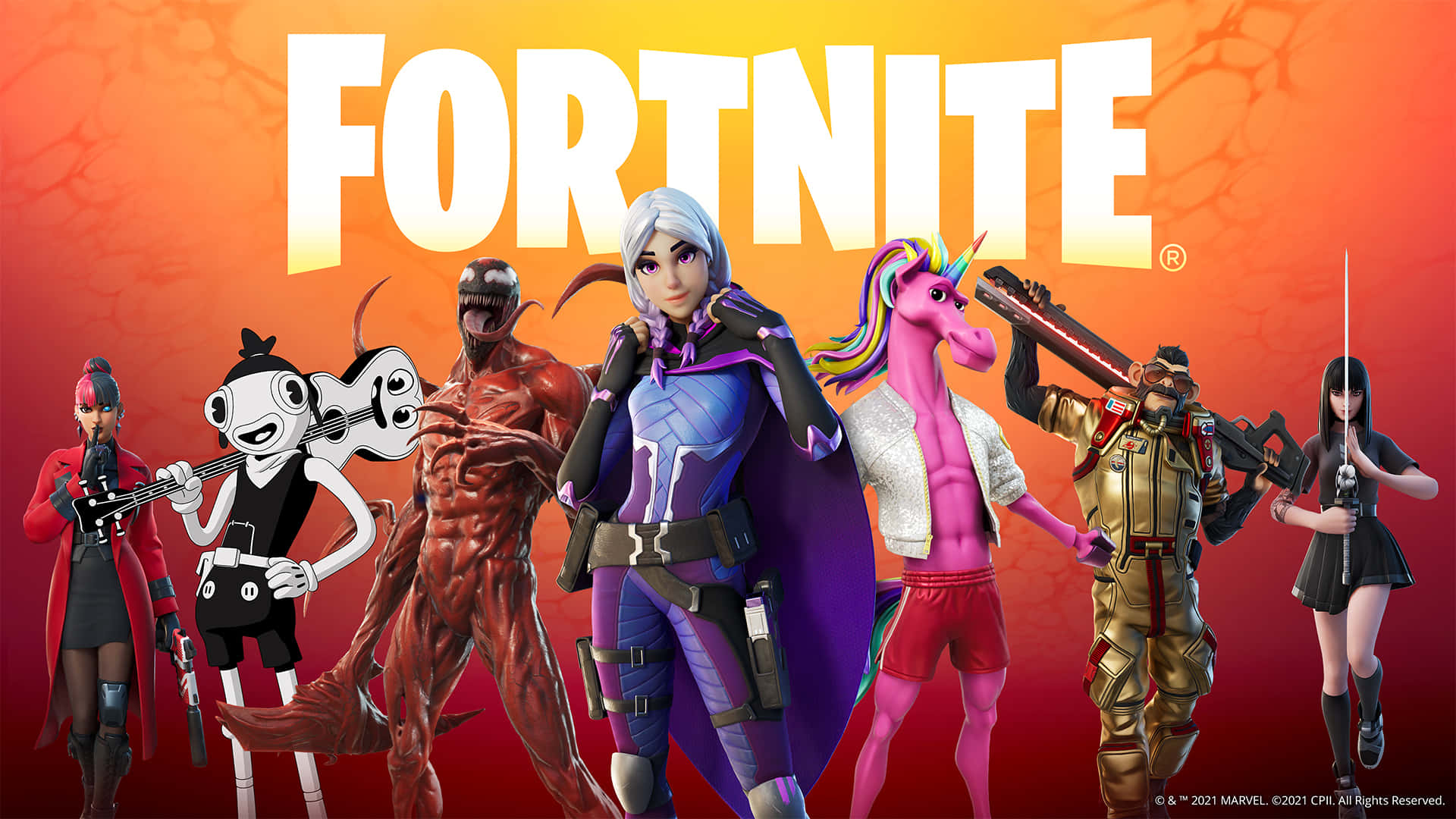 桌布 壁紙 — 充滿活力的Fortnite角色，包括Venom和一隻粉紅色獨角獸，英勇地站在火熱的橙色漸變背景前。