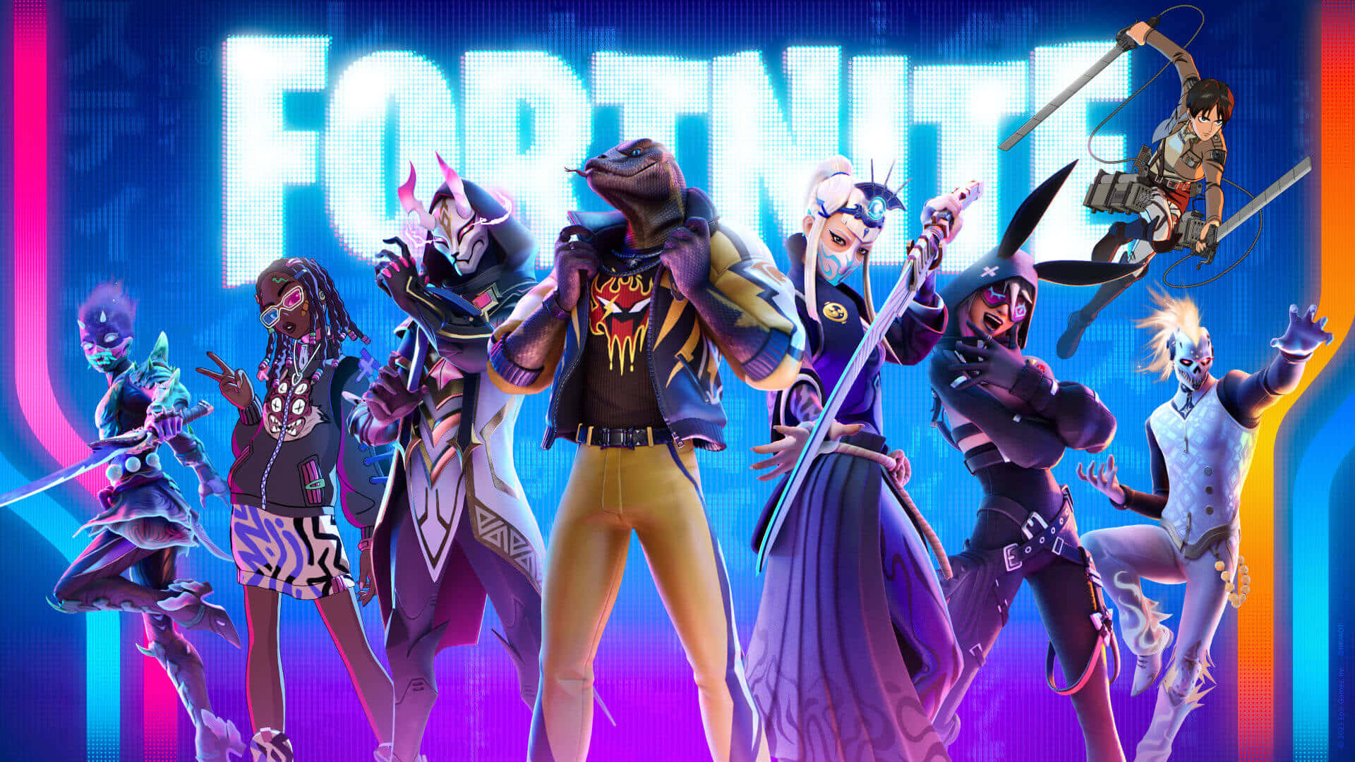 Action Game 桌布 壁紙 — 充滿活力的Fortnite角色以動態姿勢呈現在發光霓虹標題背景前，帶有電光色彩漸變。