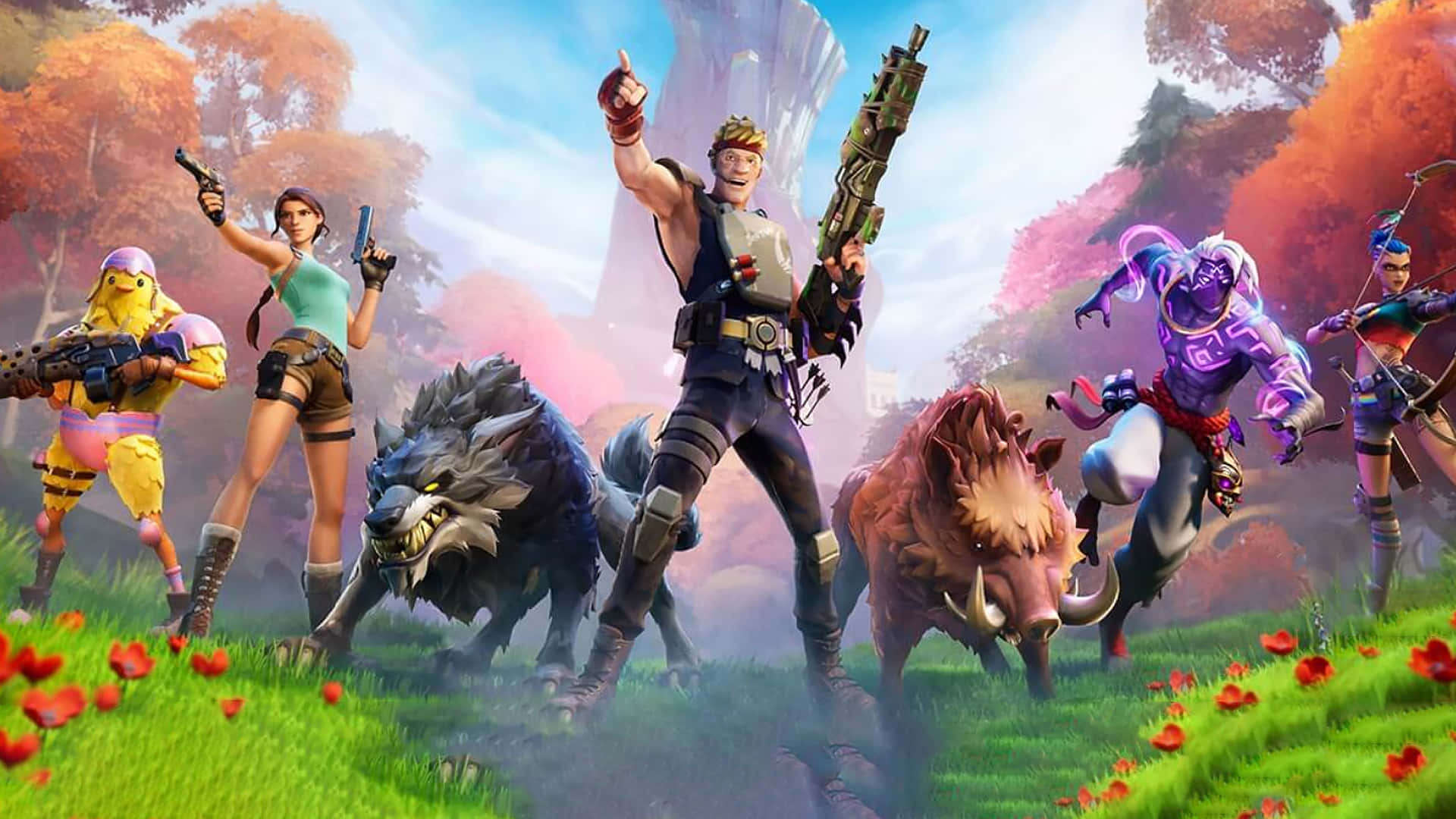 桌布 壁紙 — 充滿活力的Fortnite角色和野生動物在晴朗的天空下，英勇地站在色彩繽紛的秋日草地上。