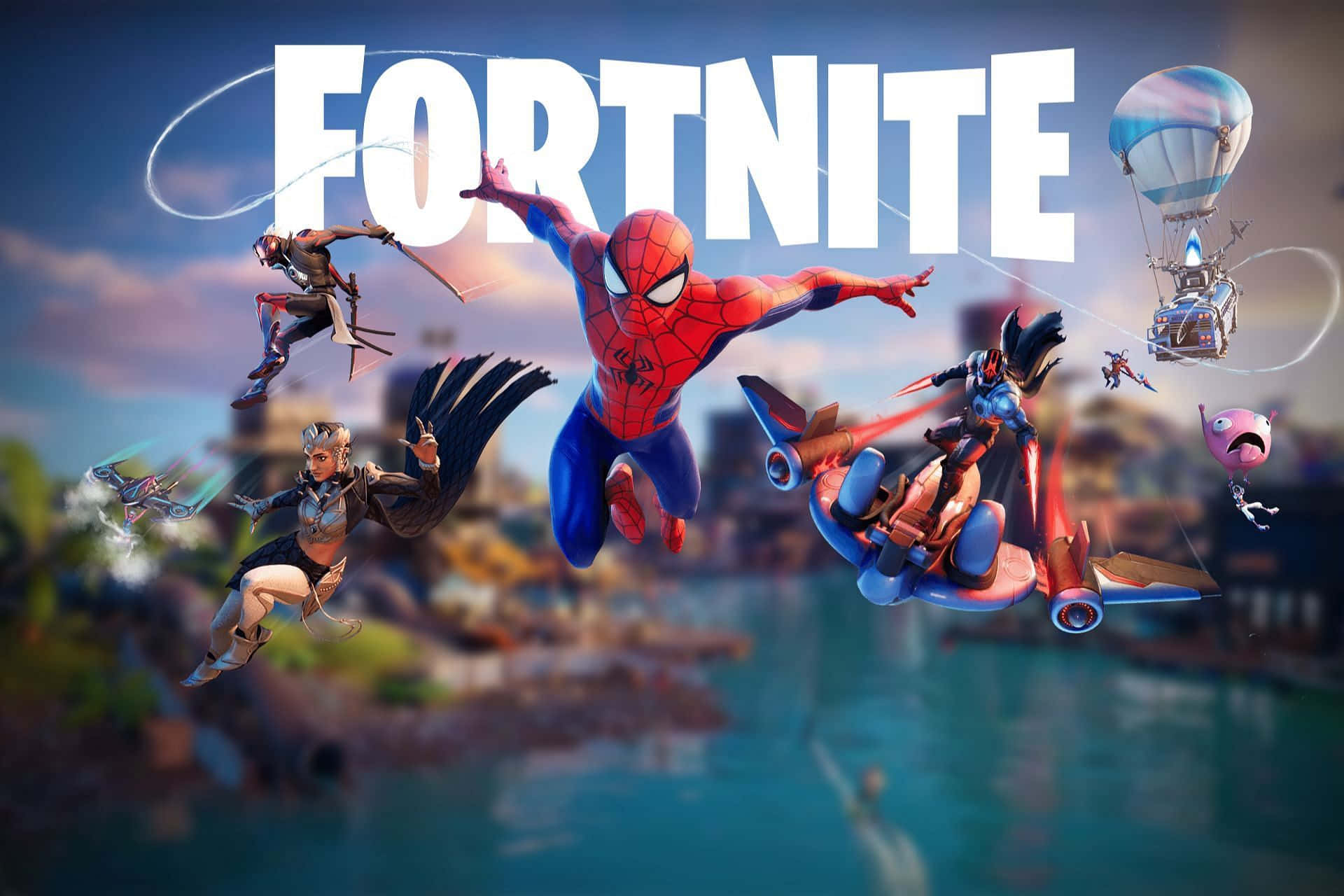 桌布 壁紙 — 充滿活力的Fortnite角色在色彩繽紛的天空中翱翔，下方是城市景觀和水面。