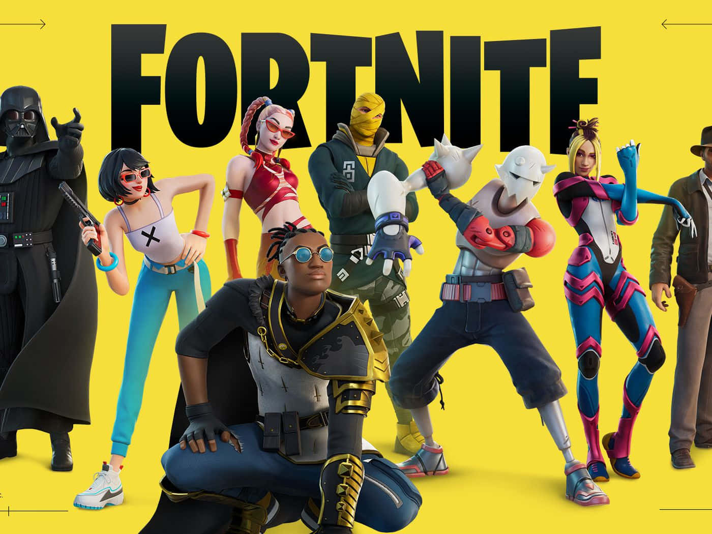 Fortnite Chapter 3 桌布 壁紙 — 充滿活力的Fortnite角色穿著大膽的服裝，在明亮的黃色背景上自信地擺出姿勢，並帶有遊戲標誌。