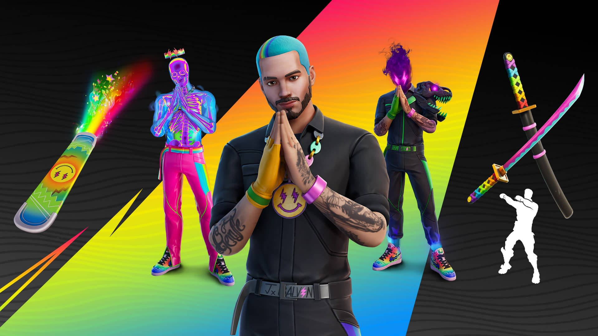 J 桌布 壁紙 — 充滿活力的Fortnite角色穿著霓虹服裝，在彩虹漸變背景前擺出姿勢，手持發光武器。
