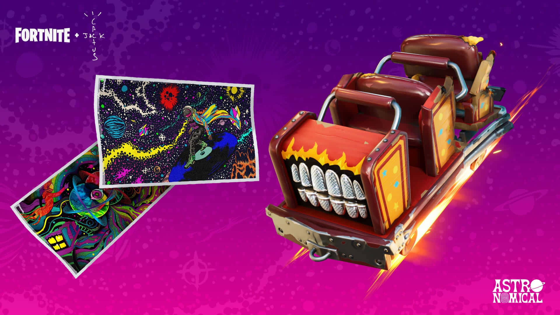 Astro Jack 桌布 壁紙 — 充滿活力的Fortnite雲霄飛車，帶有火熱的烤架和發光的軌跡，背景是宇宙紫色。