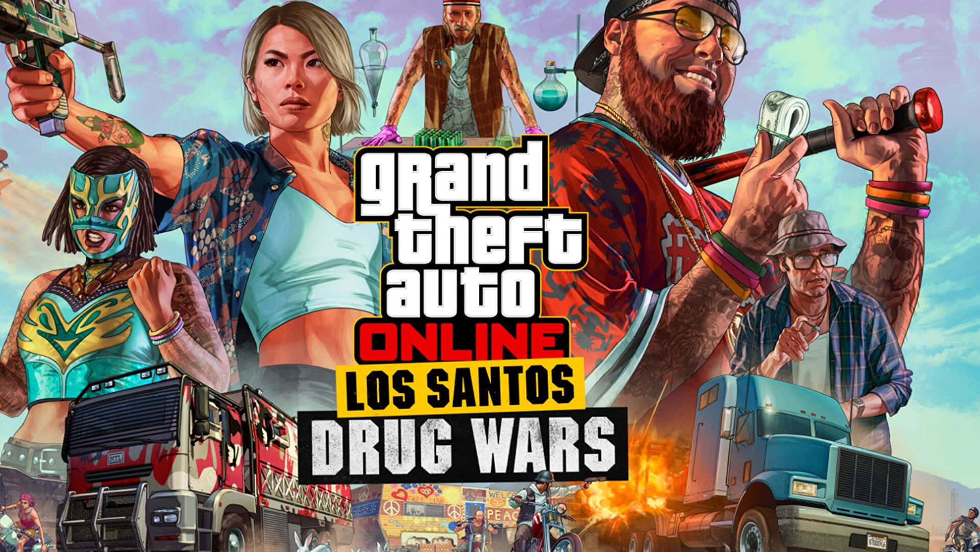遊戲 桌布 壁紙 — 充滿活力的GTA Online Los Santos Drug Wars海報，展示不同角色在爆炸混亂中手持武器和卡車。