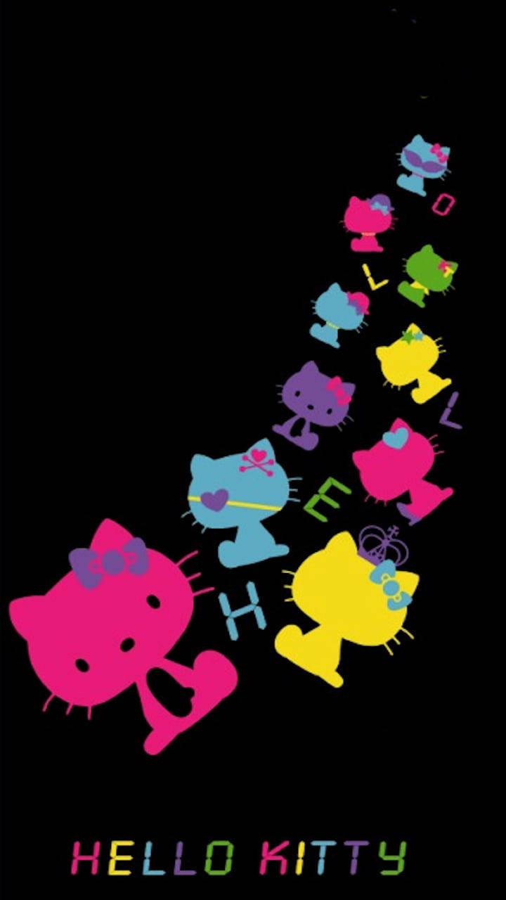 Kitty 桌布 壁紙 — 充滿活力的Hello Kitty角色以彩虹色調對角線排列在黑色背景上，下方有彩色文字。