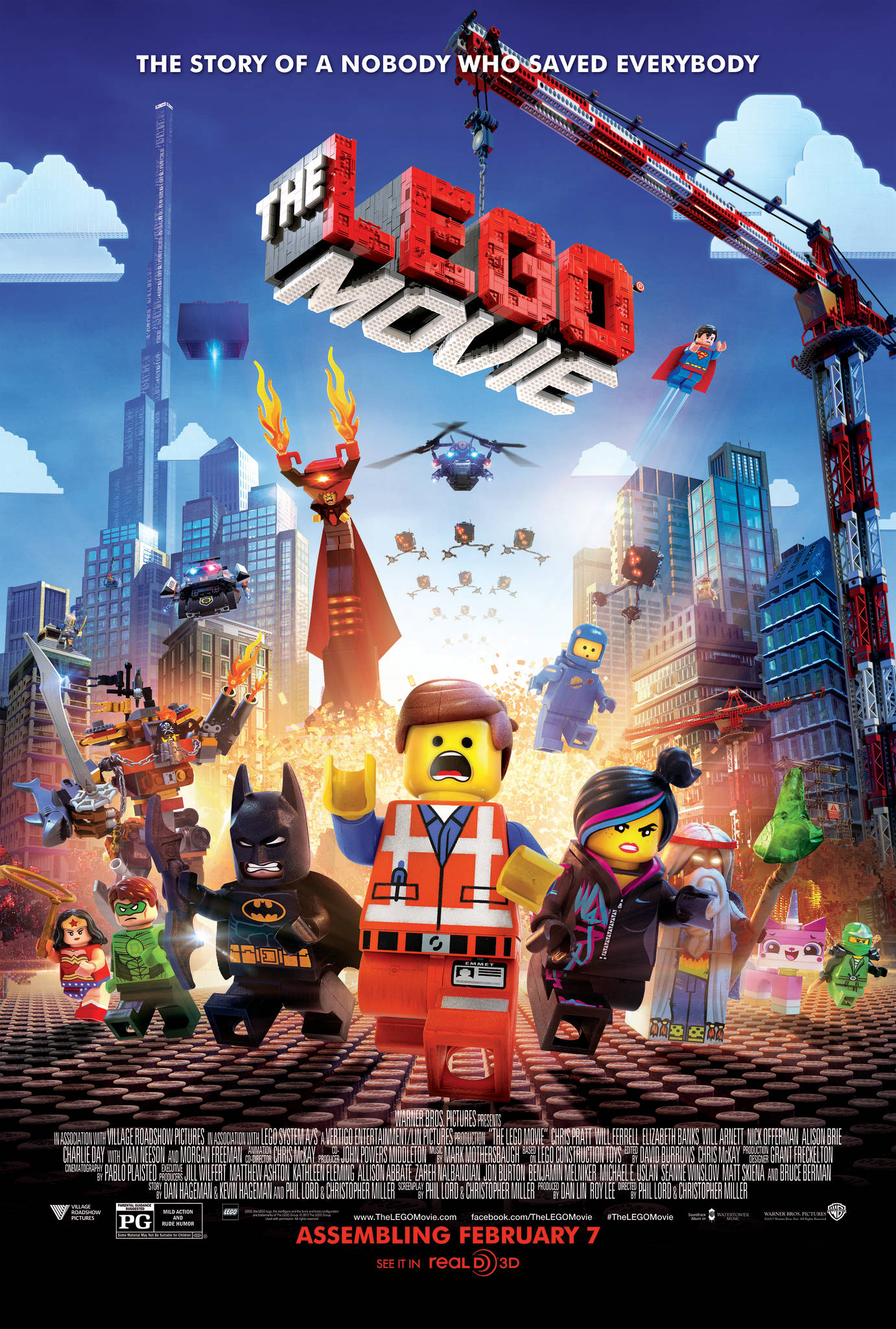 電影動圖 桌布 壁紙 — 充滿活力的LEGO電影海報，在明亮的藍天下，繁華的城市景觀中呈現標誌性角色。