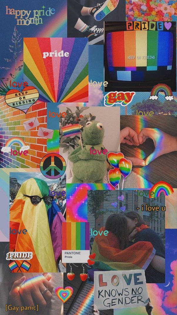桌布 壁紙 — 充滿活力的LGBTQ+驕傲拼貼畫，以彩虹圖案、愛情訊息和多樣包容的圖像為特色，風格歡樂而混亂。