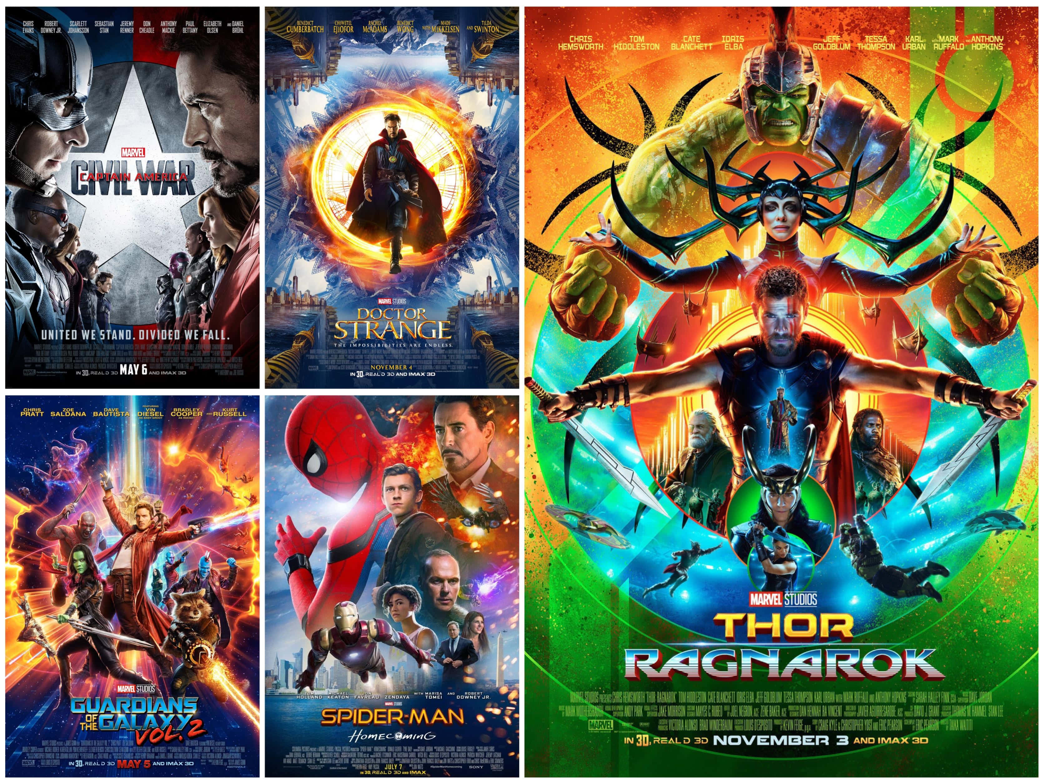 Mcu Phase Three 桌布 壁紙 — 充滿活力的Marvel電影海報， featuring 超級英雄如美國隊長、雷神和蜘蛛人，在色彩繽紛的宇宙和城市背景下擺出動態動作姿勢。