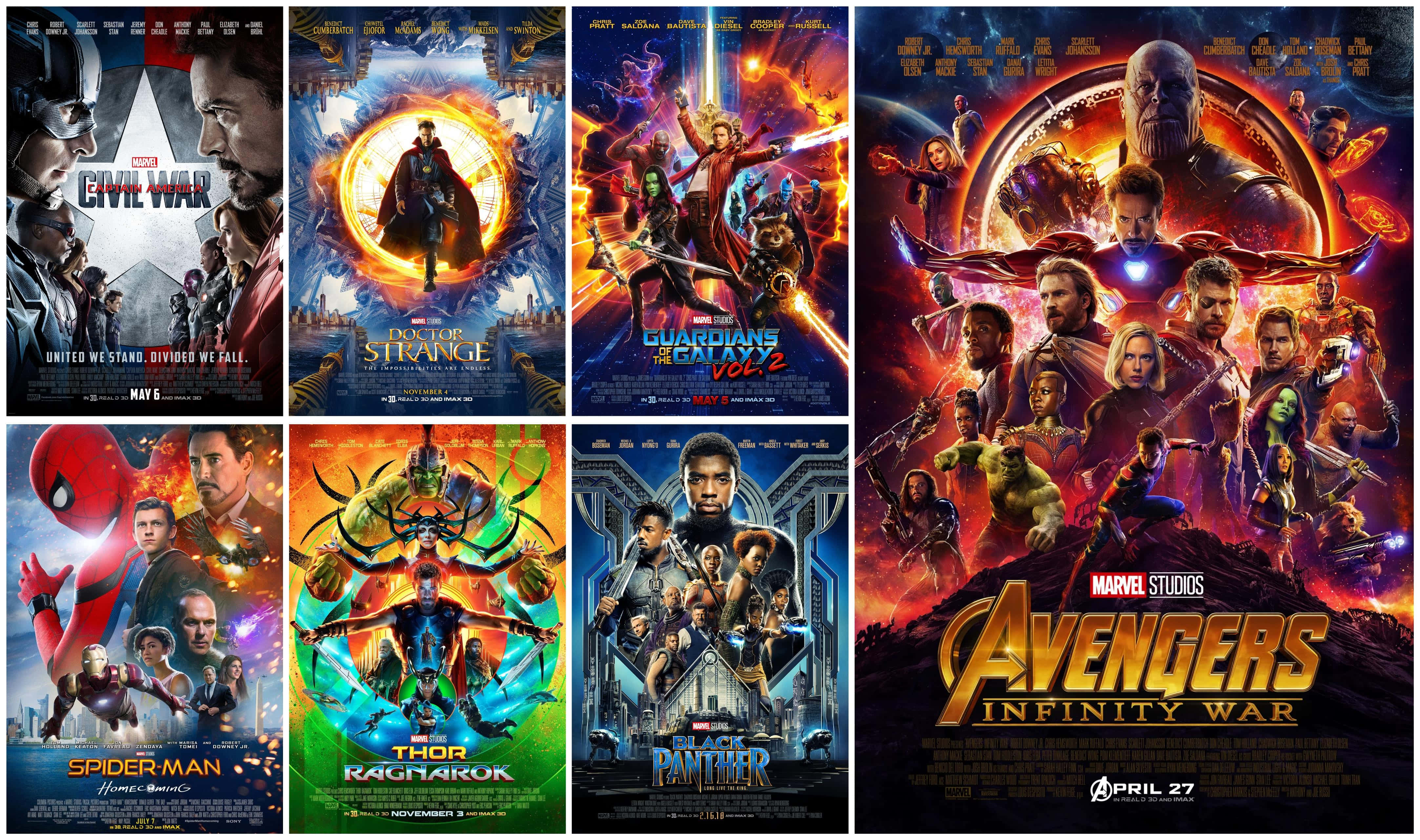 Mcu Phase Three 桌布 壁紙 — 充滿活力的Marvel電影海報，展示超級英雄在宇宙和城市背景下的動態動作姿勢。