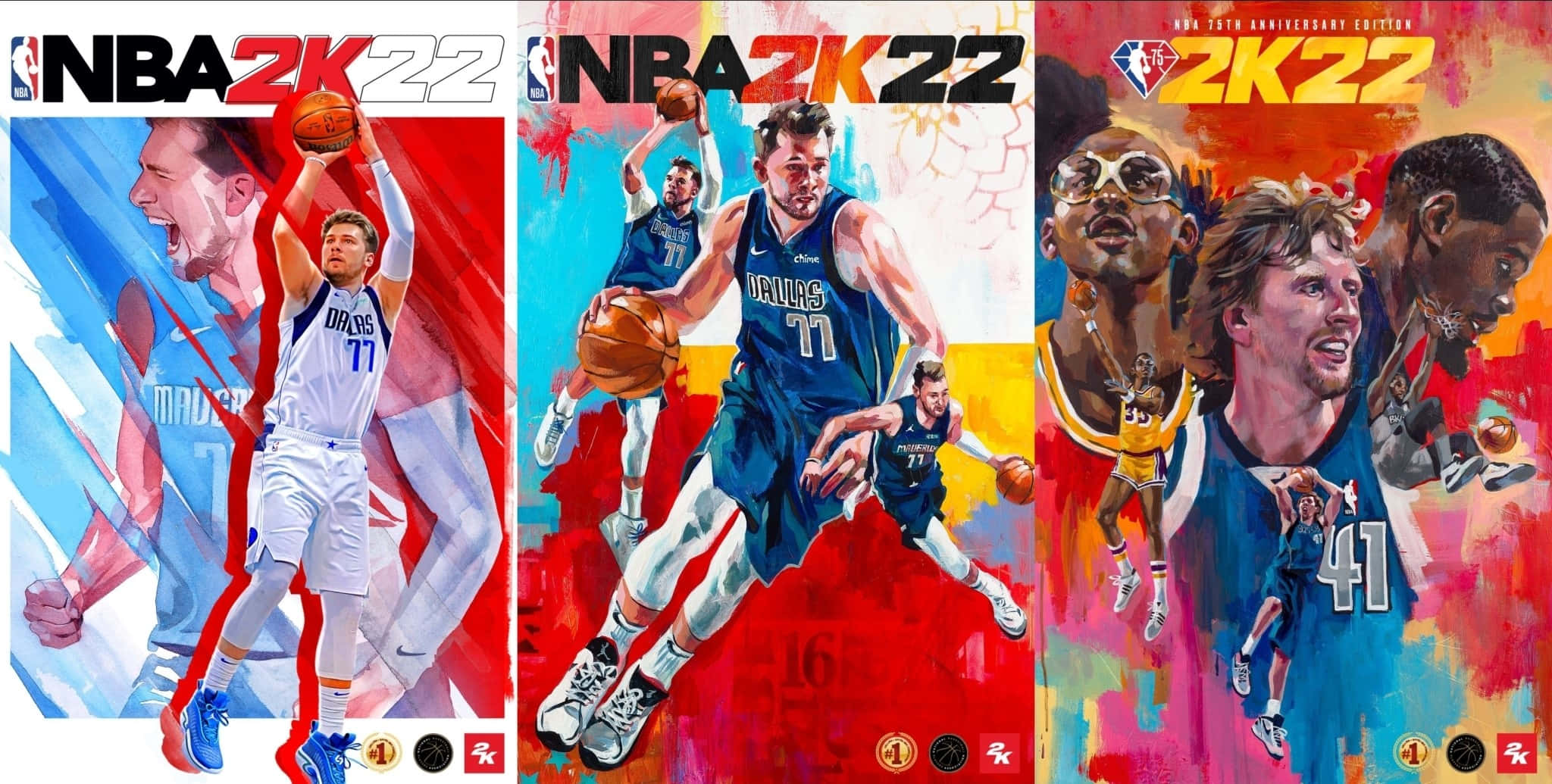 NBA 2k22 桌布 壁紙 — 充滿活力的NBA 2K22封面數位藝術作品， featuring Luka Doncic 在色彩繽紛的抽象背景前擺出動態籃球姿勢。