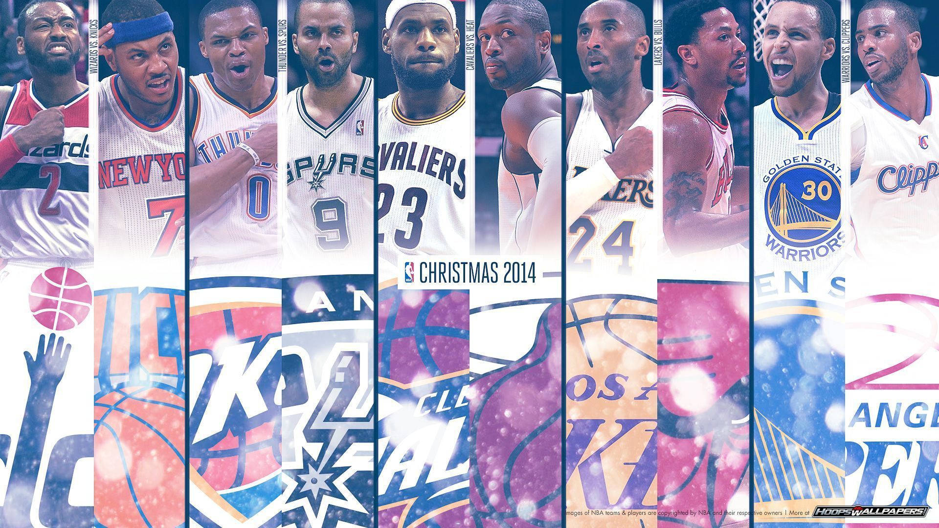 NBA 桌布 壁紙 — 充滿活力的NBA籃球運動員穿著球隊球衣的拼貼畫，帶有節日假日圖形和雪花效果。