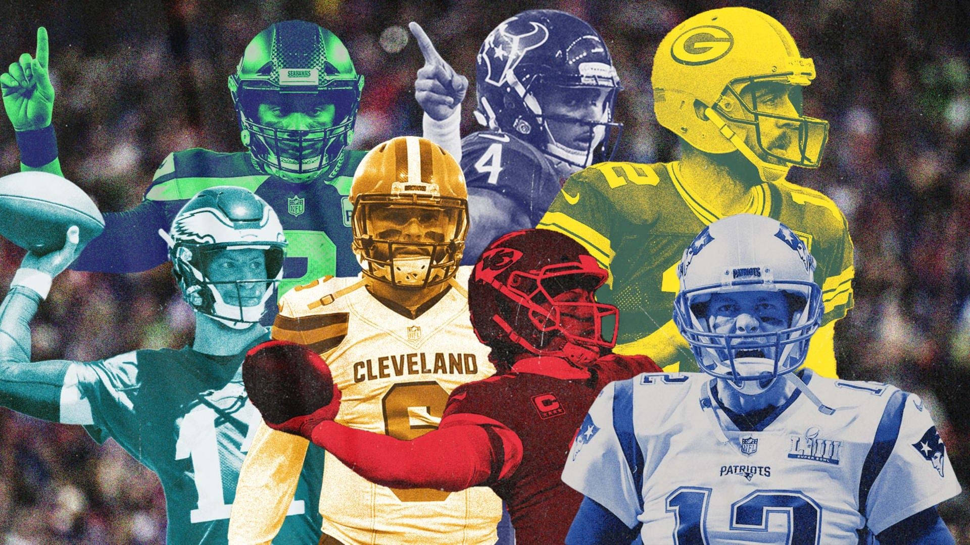 NFL 桌布 壁紙 — 充滿活力的NFL四分衛拼貼畫，他們身穿球隊裝備，高舉拳頭和橄欖球，背景是模糊的體育場人群。