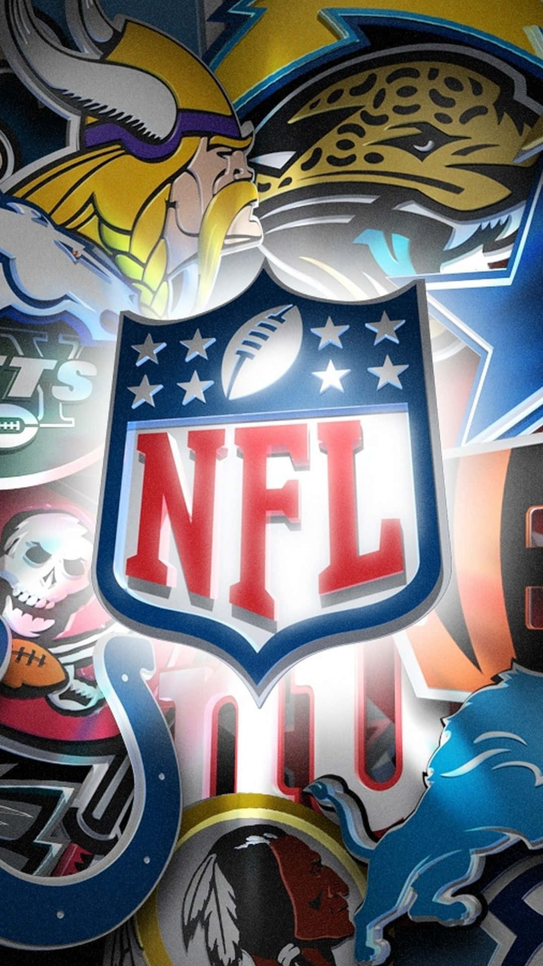 足球 桌布 壁紙 — 充滿活力的NFL球隊標誌拼貼，圍繞著中央的NFL盾牌標誌。