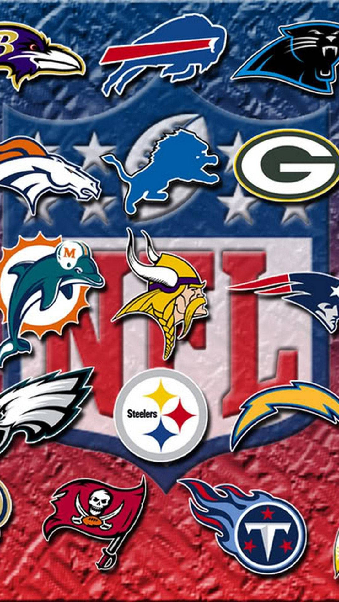 NFL 桌布 壁紙 — 充滿活力的NFL球隊標誌漂浮在帶有星星和NFL盾牌的紋理紅藍背景上。