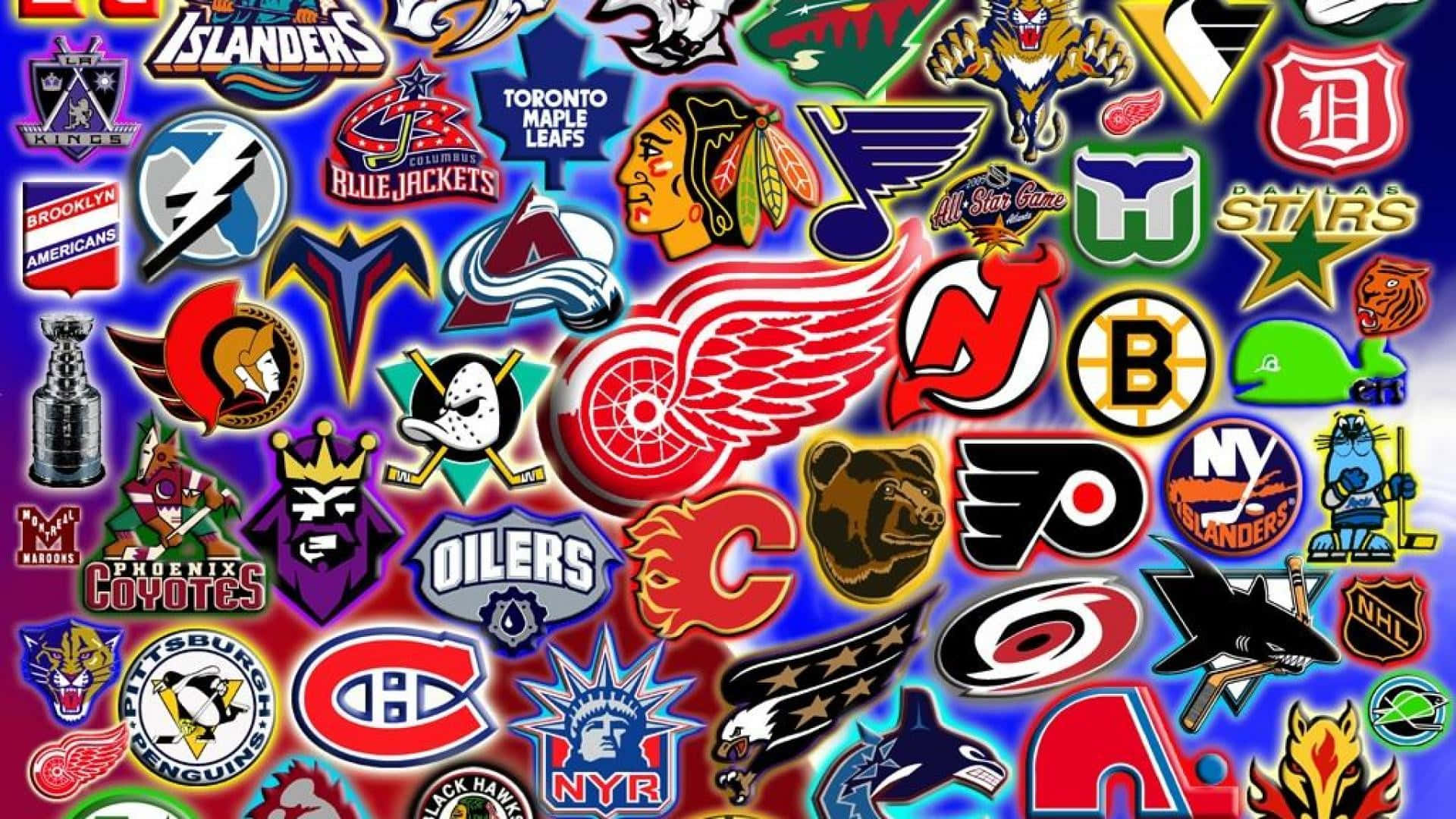 MLB Teams 桌布 壁紙 — 充滿活力的NHL球隊標誌拼貼，密集排列在明亮的藍色背景上。