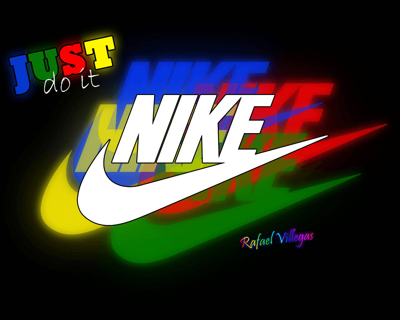 Nike 桌布 壁紙 — 充滿活力的Nike標誌，帶有「Just Do It」標語，在黑色背景上以彩虹色發光。