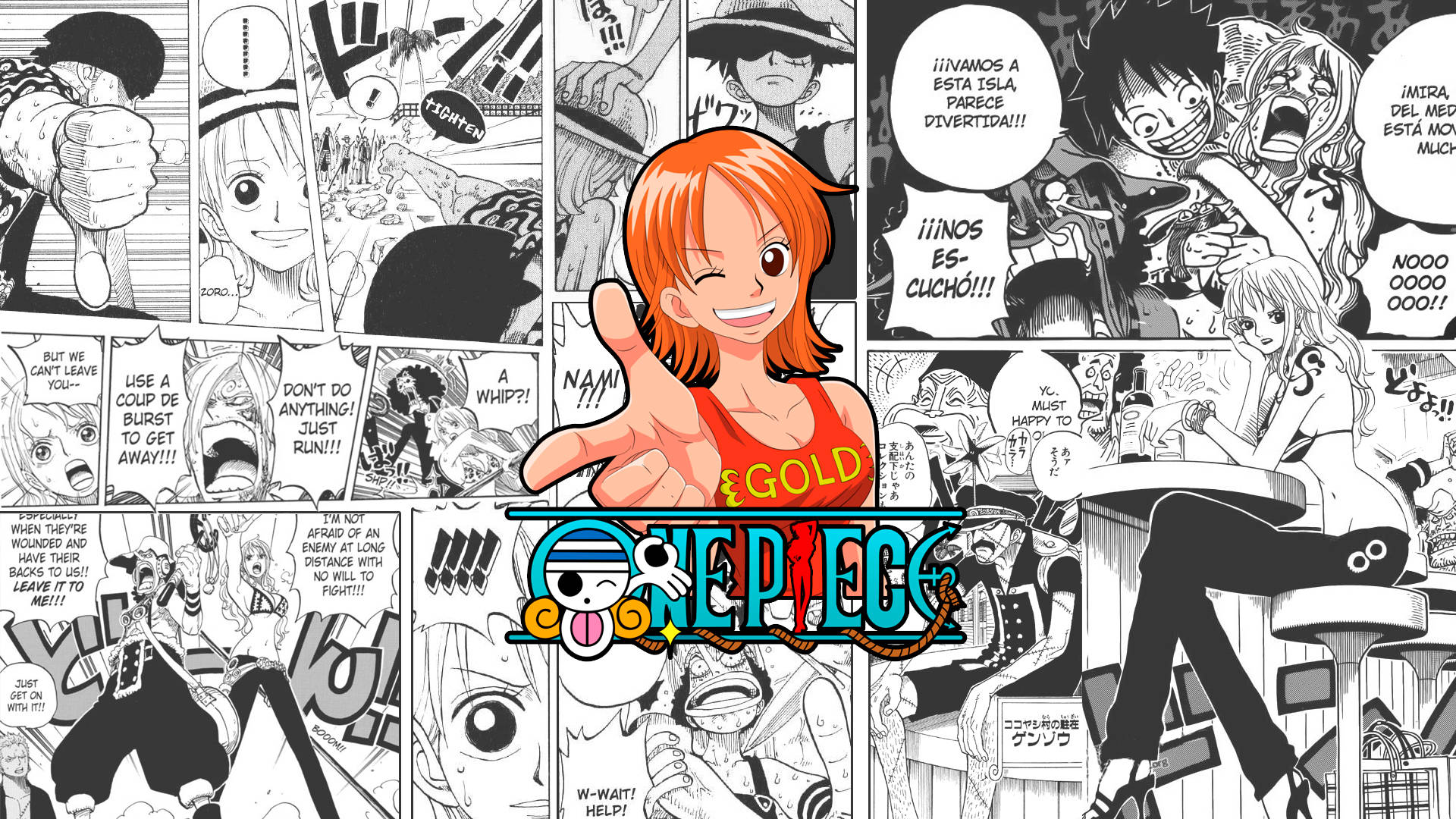 海賊王 4K 桌布 壁紙 — 充滿活力的One Piece漫畫面板，中央是穿著紅色上衣的娜美，周圍是帶有西班牙語對話的動態黑白漫畫條。