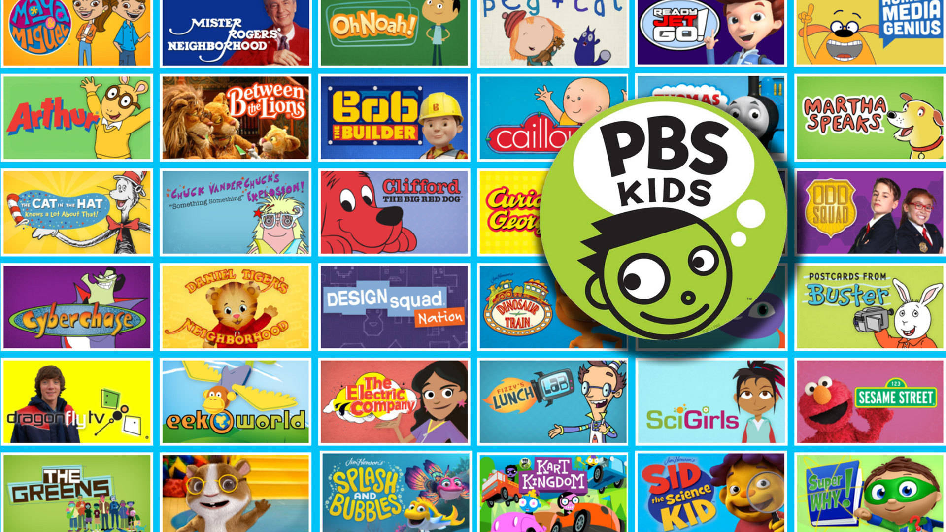 Pbs 桌布 壁紙 — 充滿活力的PBS Kids節目標誌拼貼畫， featuring 色彩繽紛的卡通角色和俏皮設計。