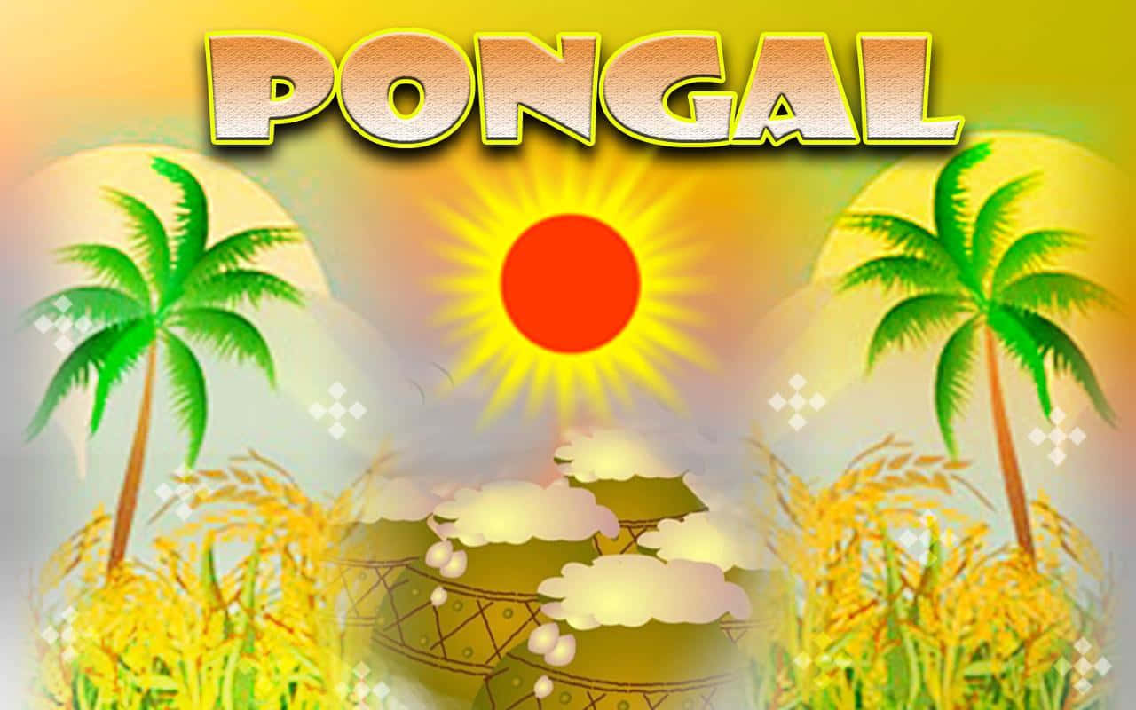 Pongal 桌布 壁紙 — 充滿活力的Pongal節日插圖，金色稻田、棕櫚樹和燦爛的太陽。