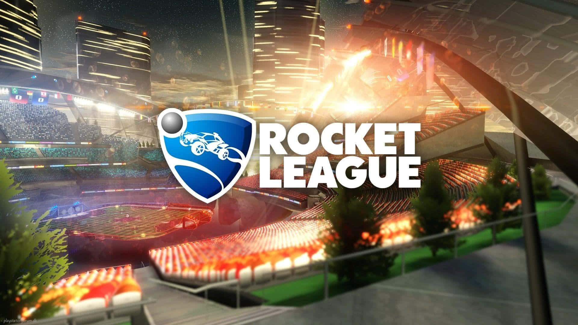 火箭聯盟 桌布 壁紙 — 充滿活力的Rocket League體育場夜景，閃爍的燈光、擠滿的看台，以及未來主義的城市天際線。