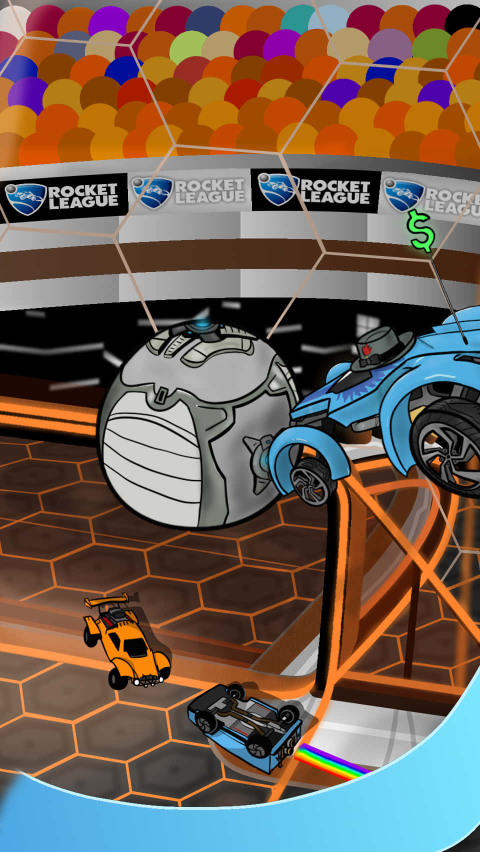 Rocket League Car 桌布 壁紙 — 充滿活力的Rocket League遊戲場景，汽車在半空中擊球於色彩繽紛的競技場。
