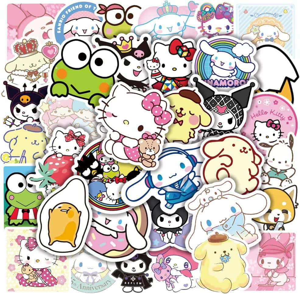 Kawaii Hello Kitty 桌布 壁紙 — 充滿活力的Sanrio角色貼紙拼貼畫， featuring Hello Kitty、Cinnamoroll、Keroppi和朋友們的可愛粉彩設計。