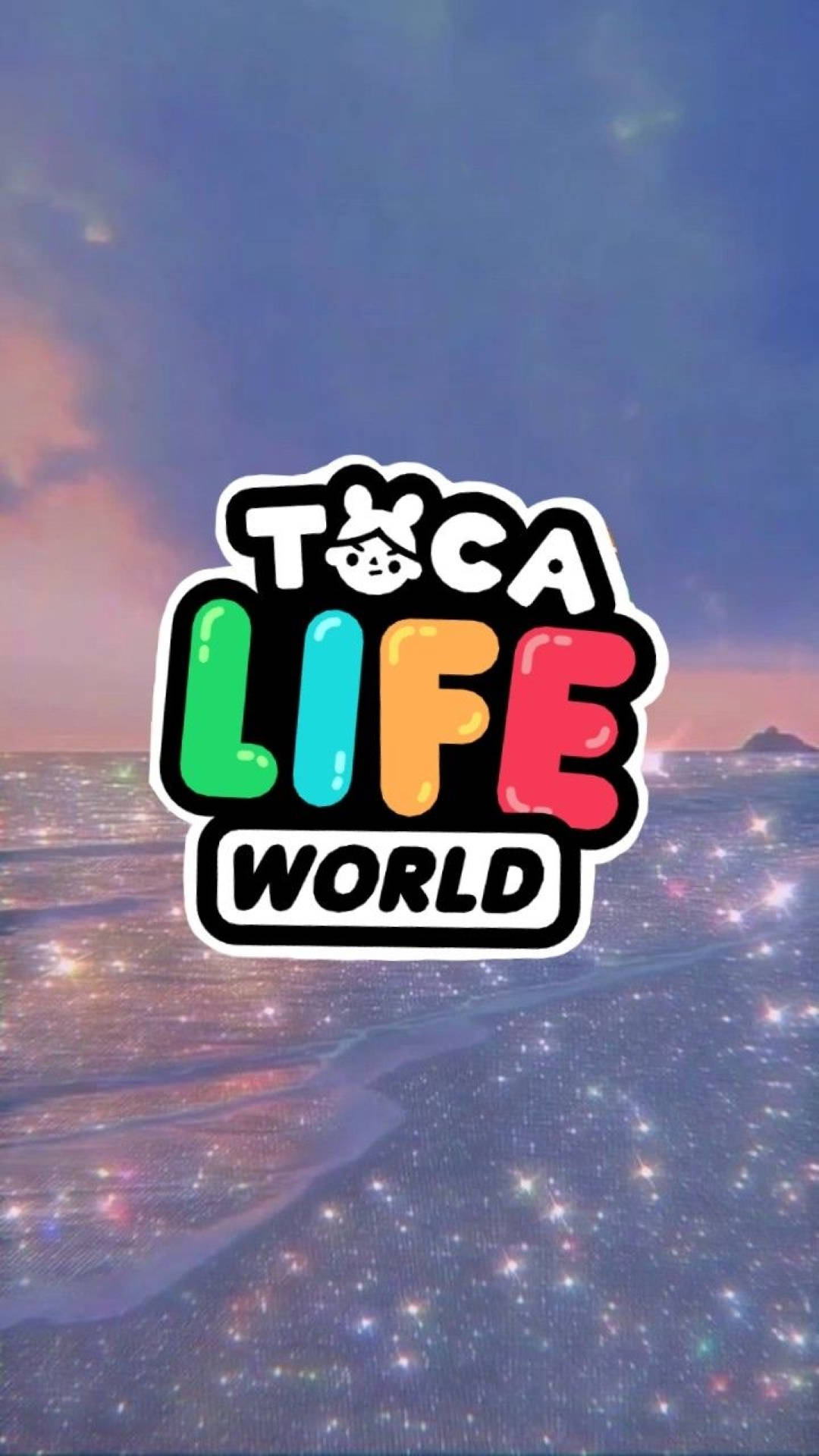 Toca 桌布 壁紙 — 充滿活力的Toca Life World標誌漂浮在閃爍星光的海灘上，黃昏時分天空呈現柔和的粉紅色和藍色。