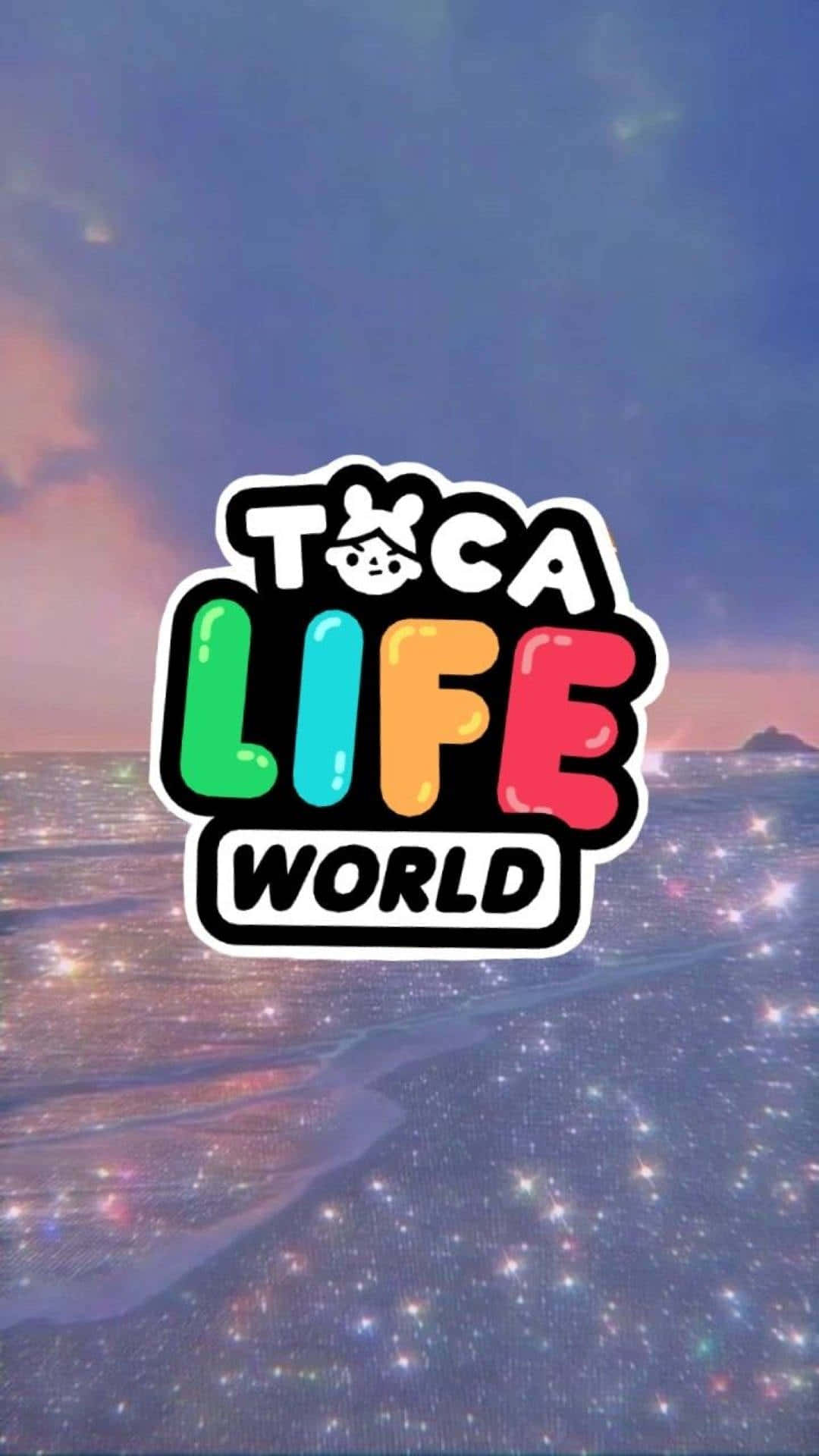 托卡生活 桌布 壁紙 — 充滿活力的Toca Life World標誌漂浮在閃爍星空海灘上，暮色中帶有粉彩天空。