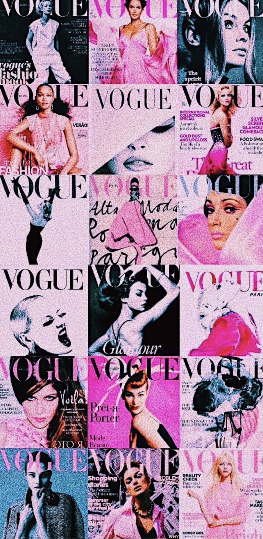 雜誌 桌布 壁紙 — 充滿活力的Vogue雜誌封面拼貼畫， featuring 華麗模特兒在粉紅與黑色的時尚編輯中。