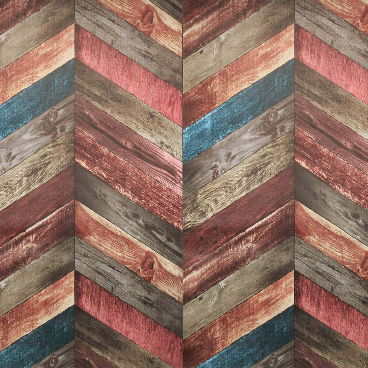 Cute Chevron 桌布 壁紙 — 充滿活力的V形圖案壁紙，採用紅、藍綠和米色調的鄉村風格木板。