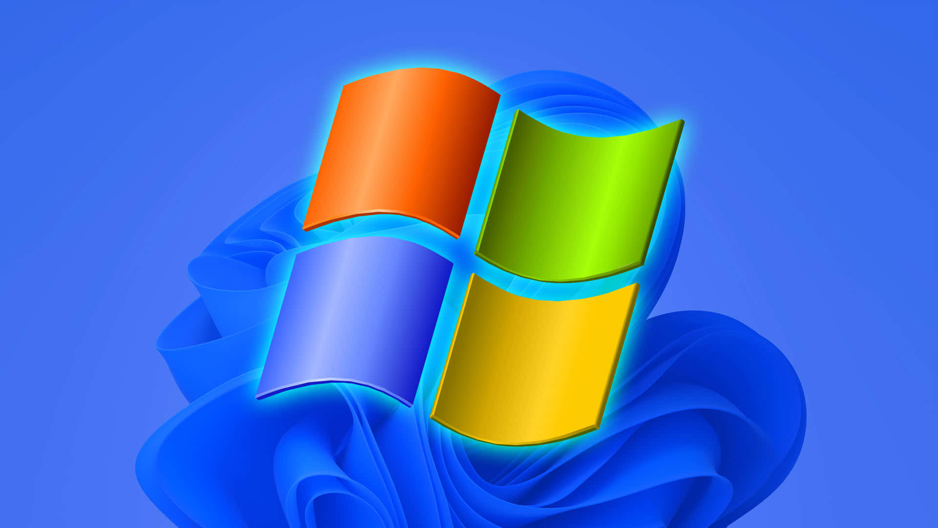 Windows Xp Logo 桌布 壁紙 — 充滿活力的Windows標誌，帶有橙色、綠色、藍色和黃色面板，在旋轉的藍色布料上發光，背景為純藍色。