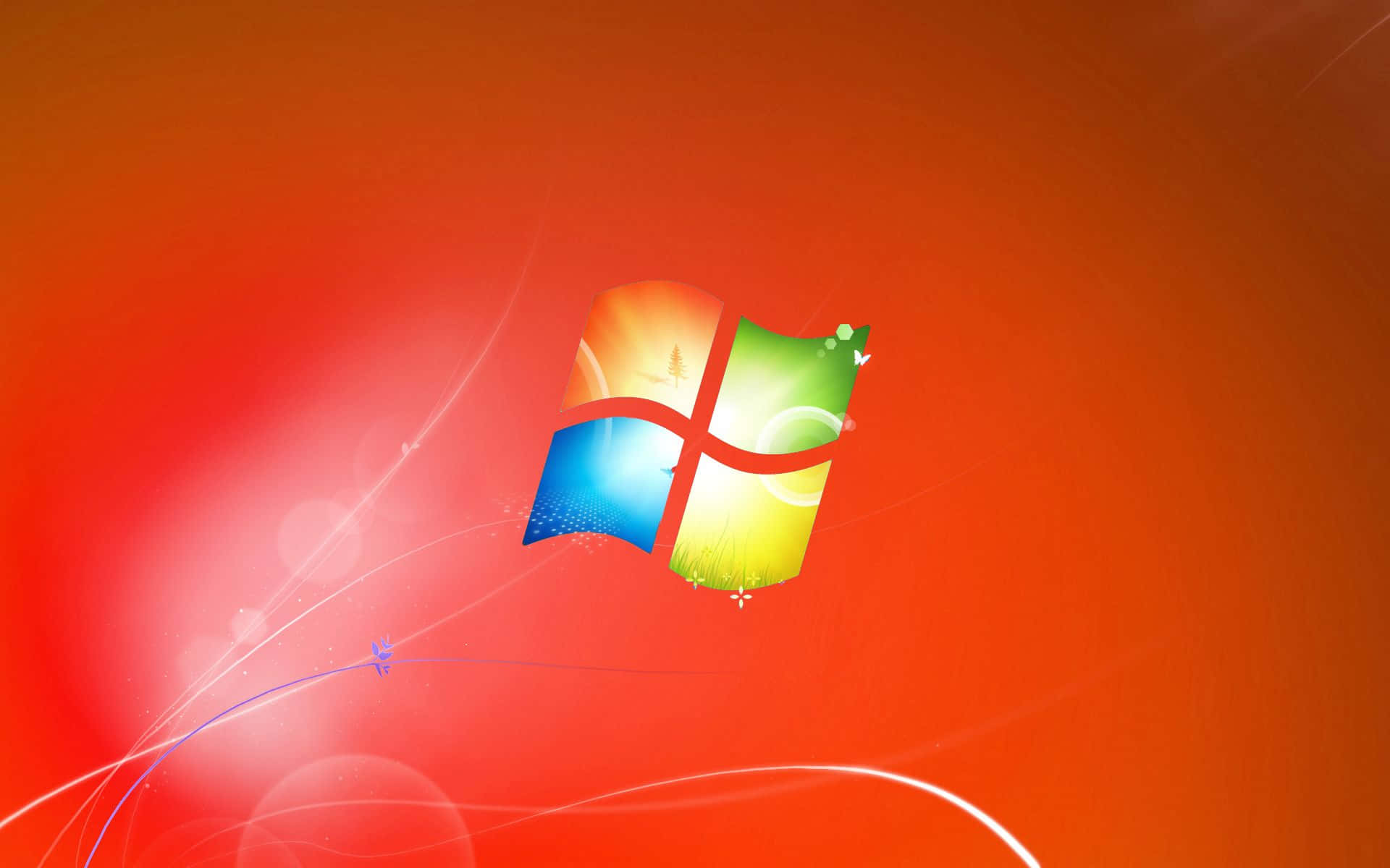 Windows 7 桌布 壁紙 — 充滿活力的Windows標誌在燦爛的橙色漸變背景上發光，帶有流動的光條和散景效果。