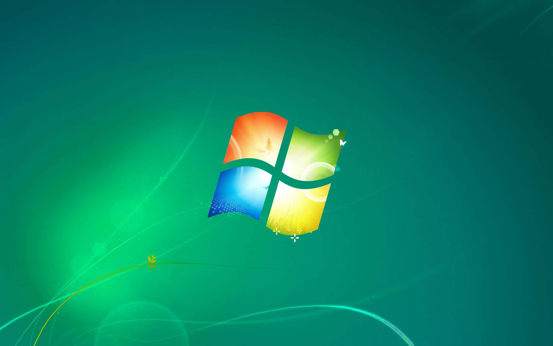 Windows Aesthetic 桌布 壁紙 — 充滿活力的Windows標誌在青綠色漸變背景上發光，帶有流動的光線條紋和微妙的閃爍效果。