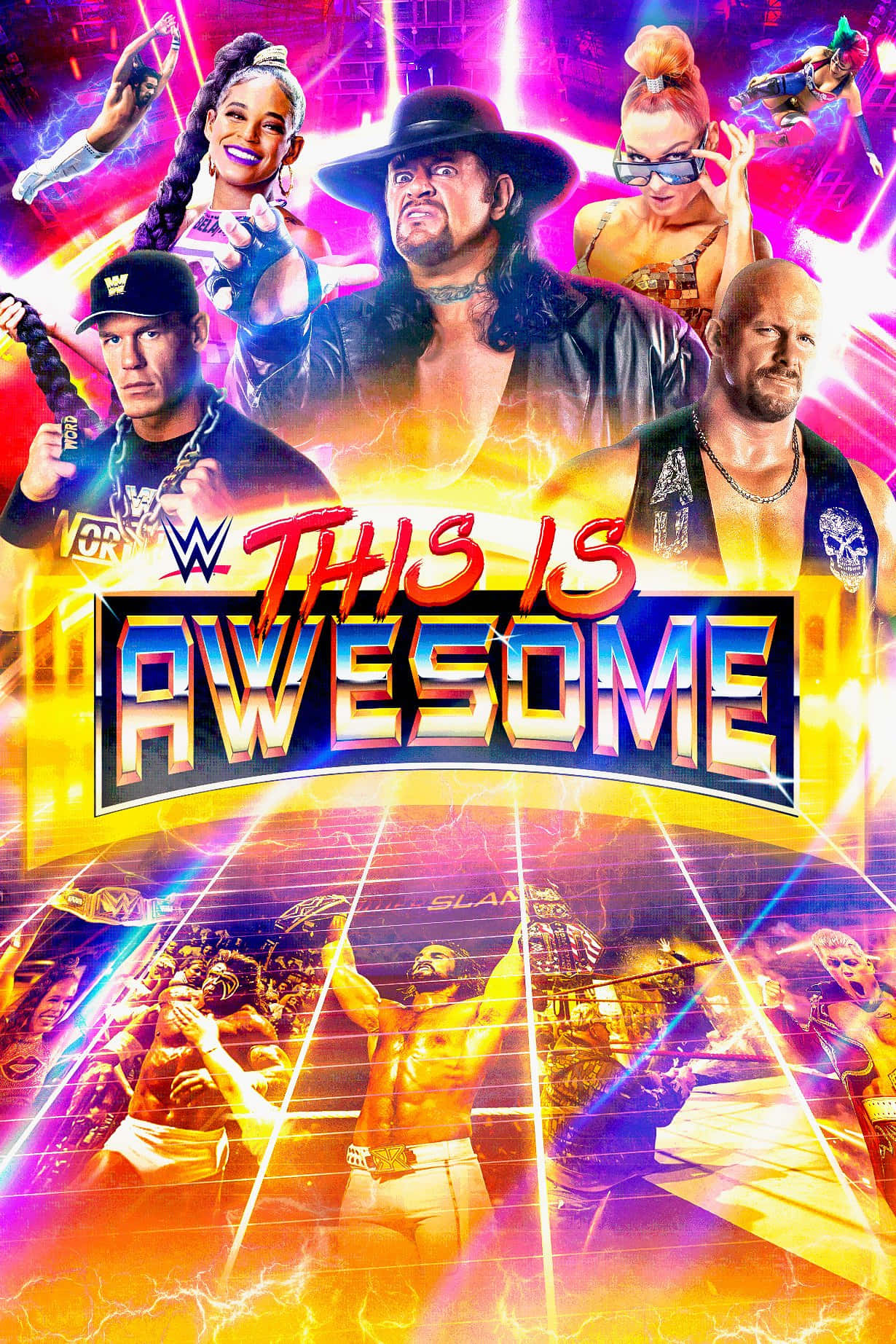 awesome cool 桌布 壁紙 — 充滿活力的WWE摔角海報，以霓虹燈照亮的競技場和電能效果為背景，展示標誌性摔角手的動感姿態。