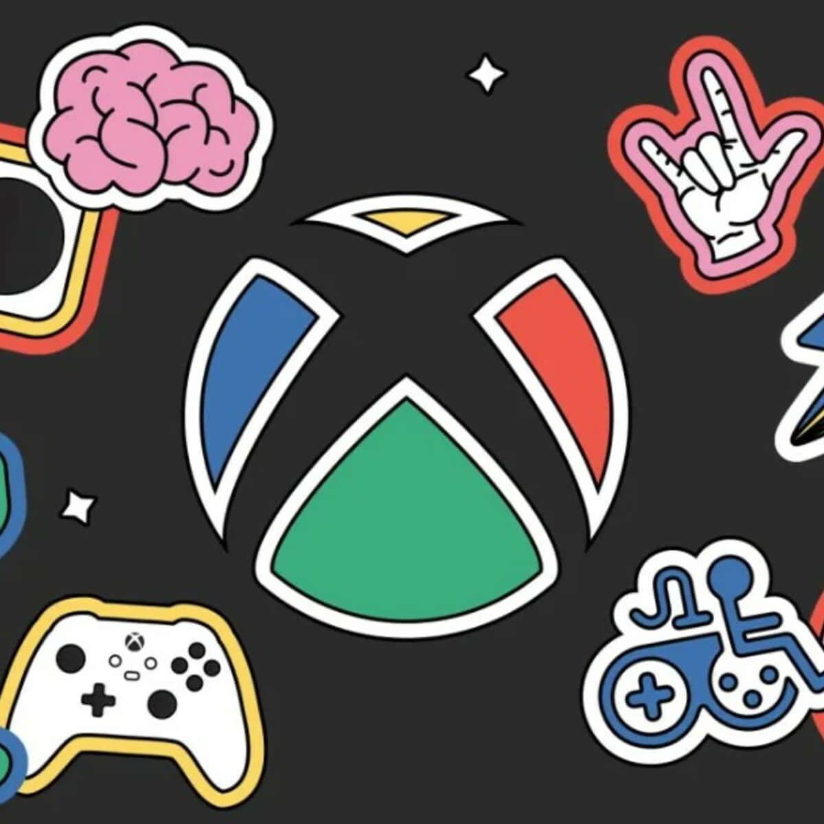 Xbox 桌布 壁紙 — 充滿活力的Xbox主題貼紙，包含大腦控制器和搖滾手勢，背景為深色。